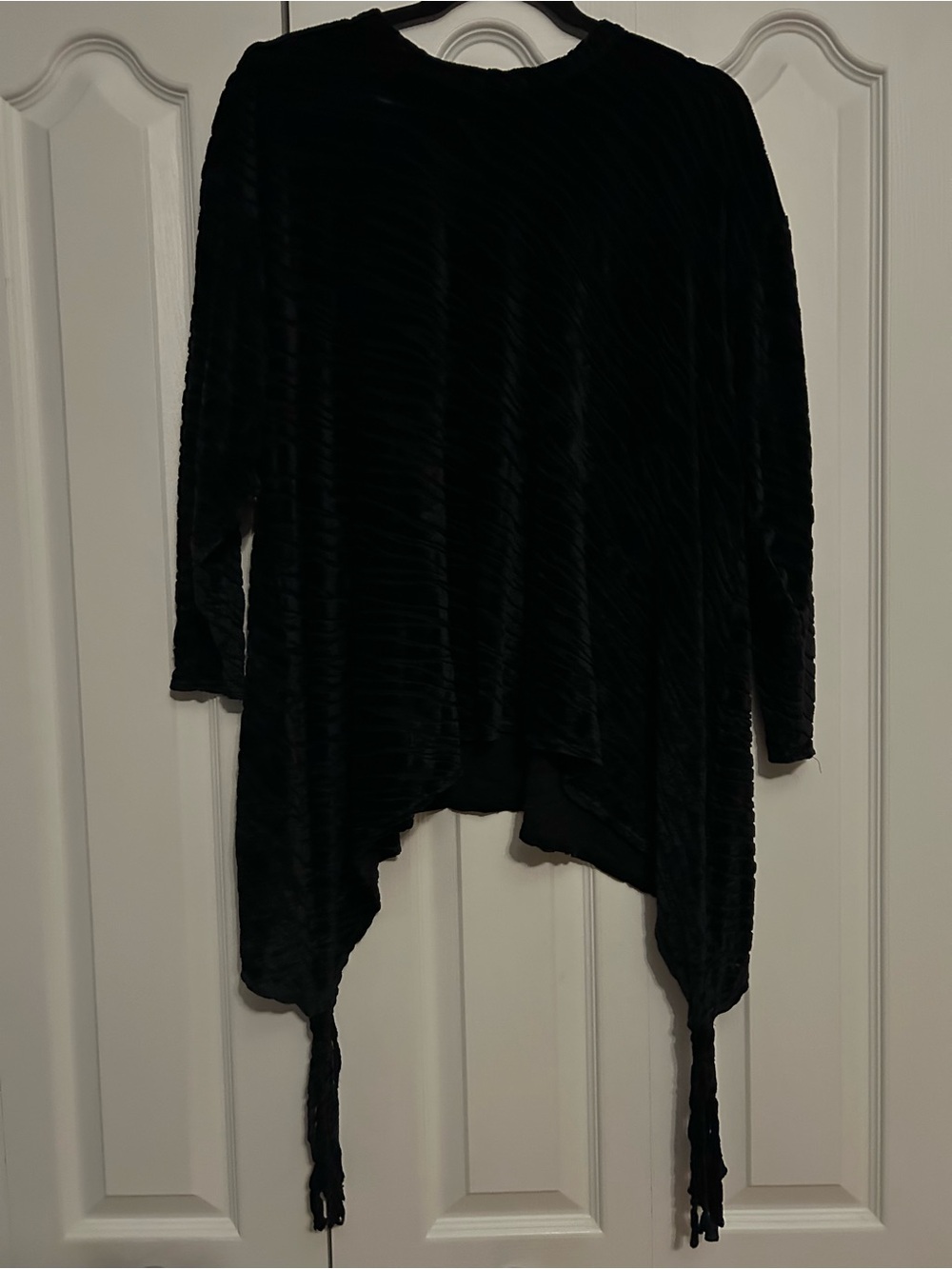 Women's Black Asymmetrical Velour Fringe Tunic Sweater